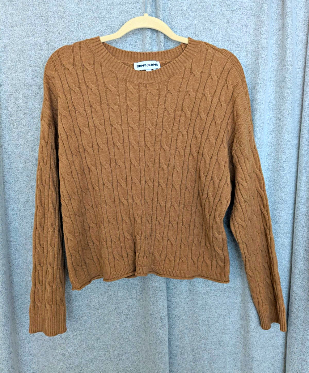 DKNY JEANS Women's Brown Cable Knit Crewneck Pullover Sweater Long Sleeve L